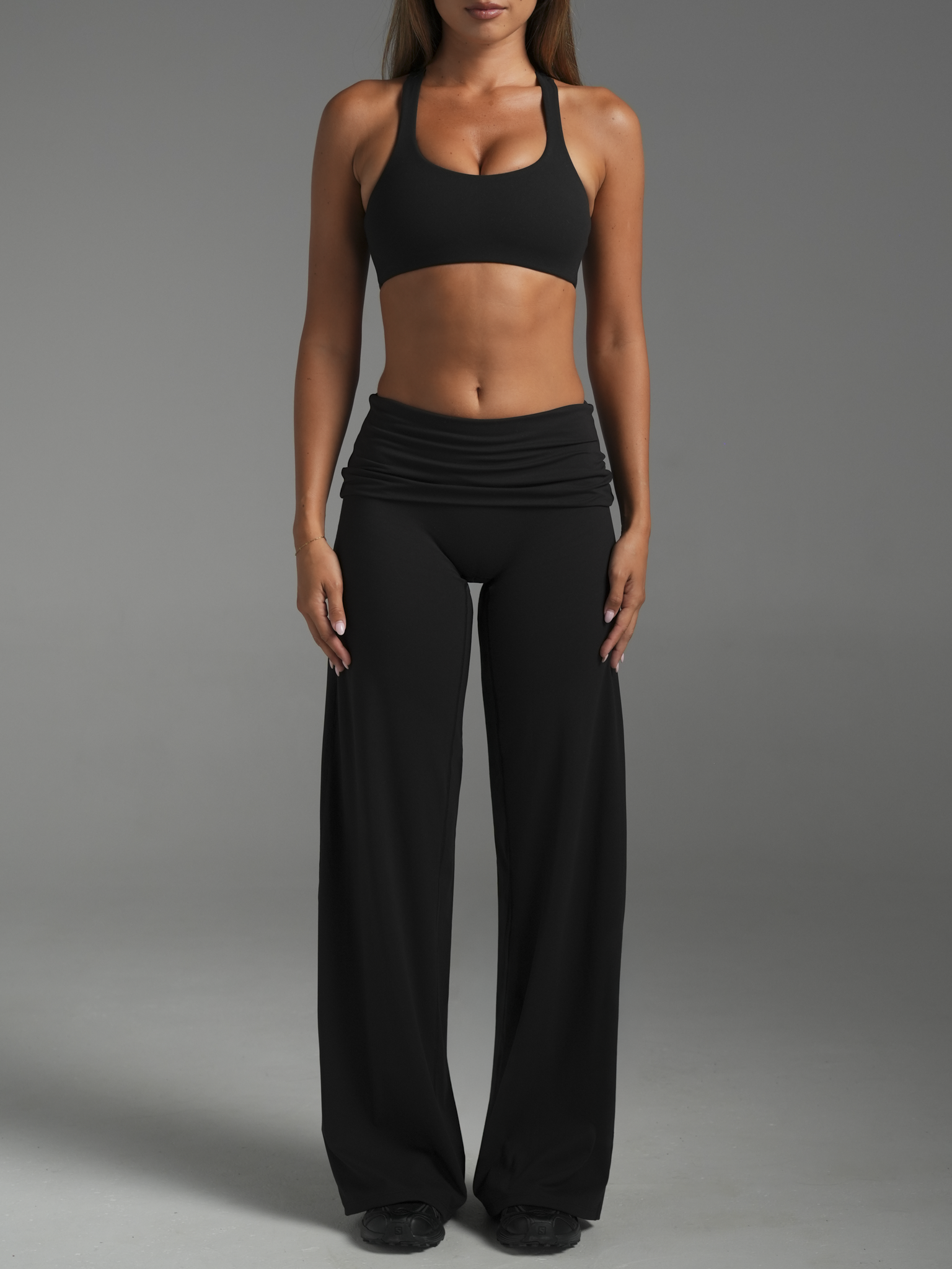 パンツ Embroidered Foldover Waist Wide Slacks Black FLX Foldover Wide Leg Bottoms | SWT Active