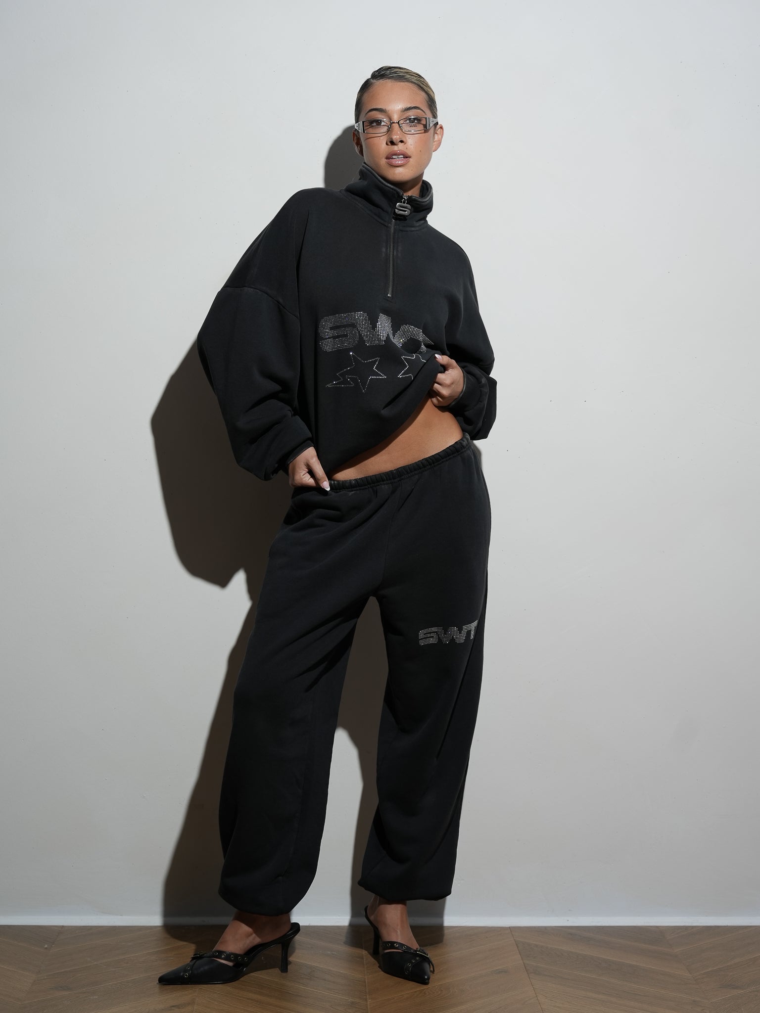Black Rhinestone Oversized Quarter Zip | SWT Active