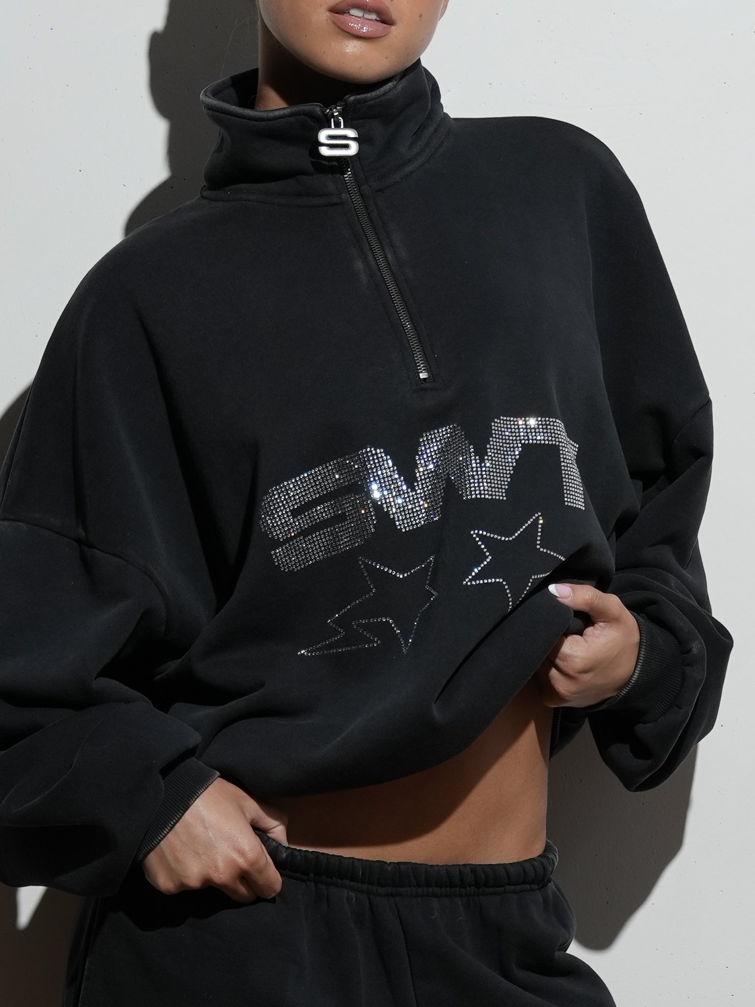 Black Rhinestone Oversized Quarter Zip | SWT Active