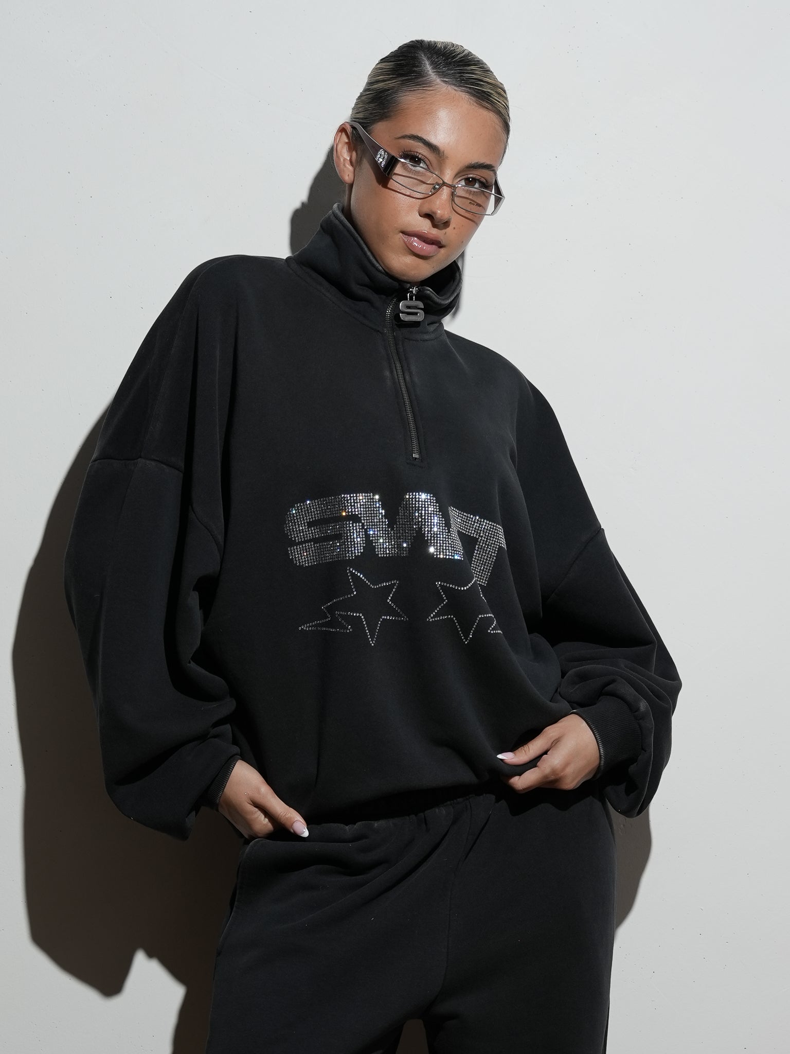 Black Rhinestone Oversized Quarter Zip | SWT Active