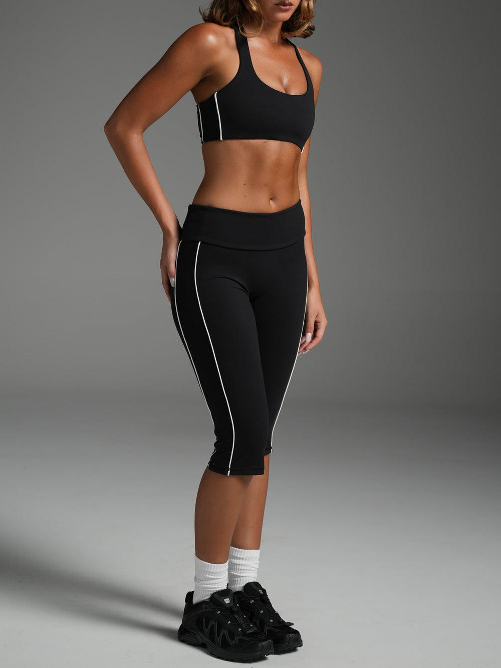 FLX Piping Foldover Capris Black/White